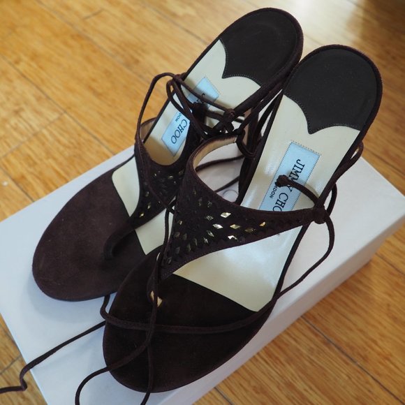 Jimmy Choo Brown Suede Embossed Strappy Heels Size 40